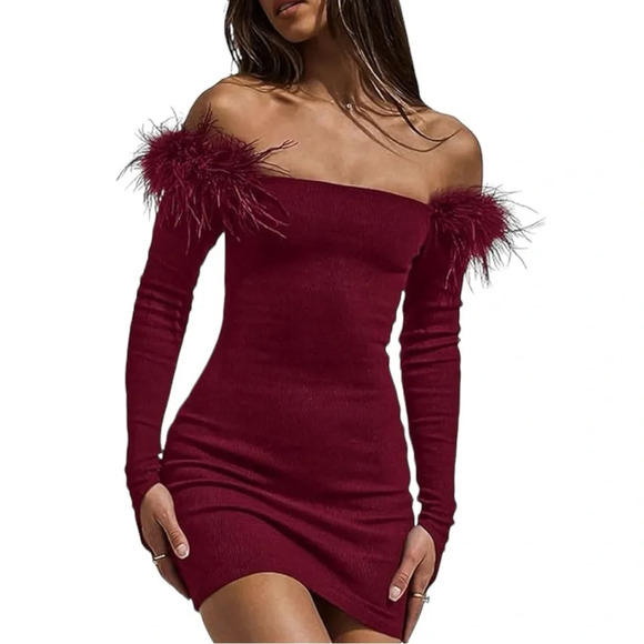 NWT Women's Sexy Off Shoulder Slim Fit Long Sleeve Ribbed Knit Feather Trim Mini - Picture 5 of 7